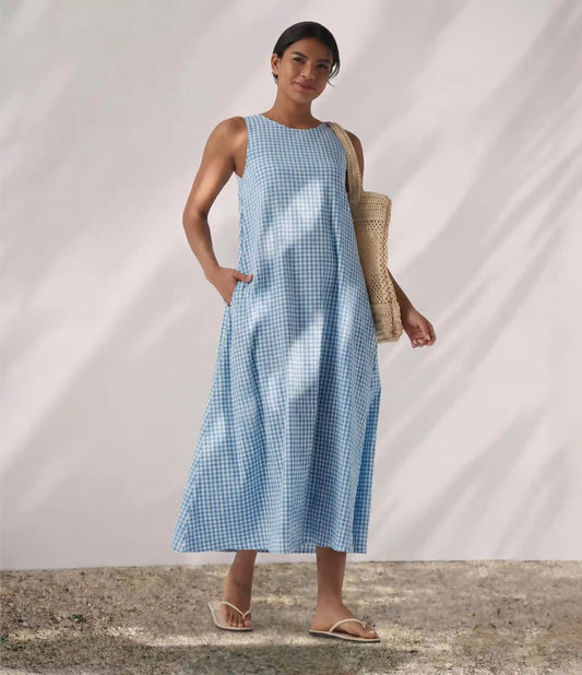 Round Neck Sleeveless Midi Crinkle Gingham Casual Tank Dress with Pockets