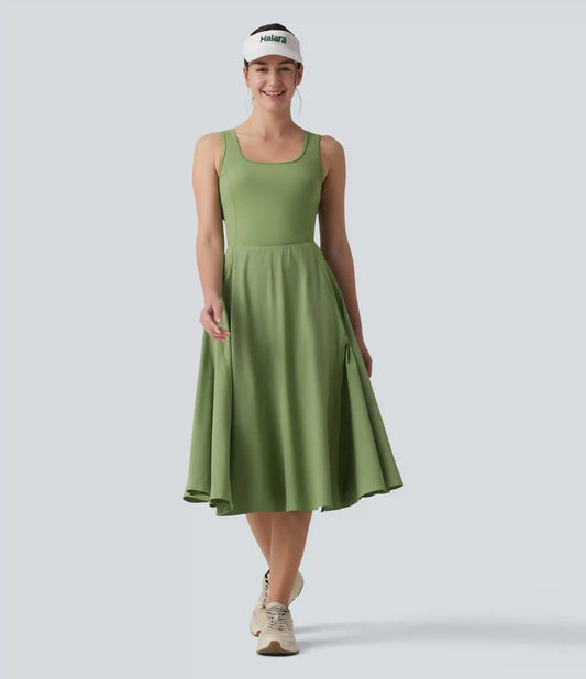Breezeful™ Square Neck Crisscross Backless Built-in Bra 2-in-1 Midi Quick Dry Dance Active Dress with Pocket-Easy Peezy