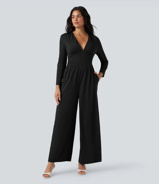 V Neck Long Sleeve Ruched Jumpsuit with Pockets-Easy Peezy Edition