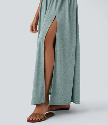 Twisted Backless Split Flowy Maxi Resort Dress with Pockets
