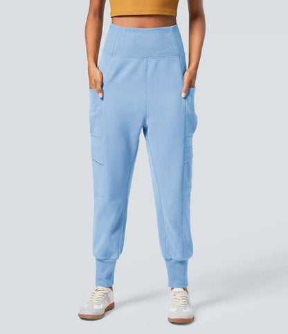 High Waisted Foldover Pocket Harem Fleece Casual Cargo Joggers