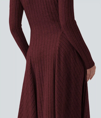 Ribbed Knit V Neck Long Sleeve Flare Midi Casual Dress with Pockets