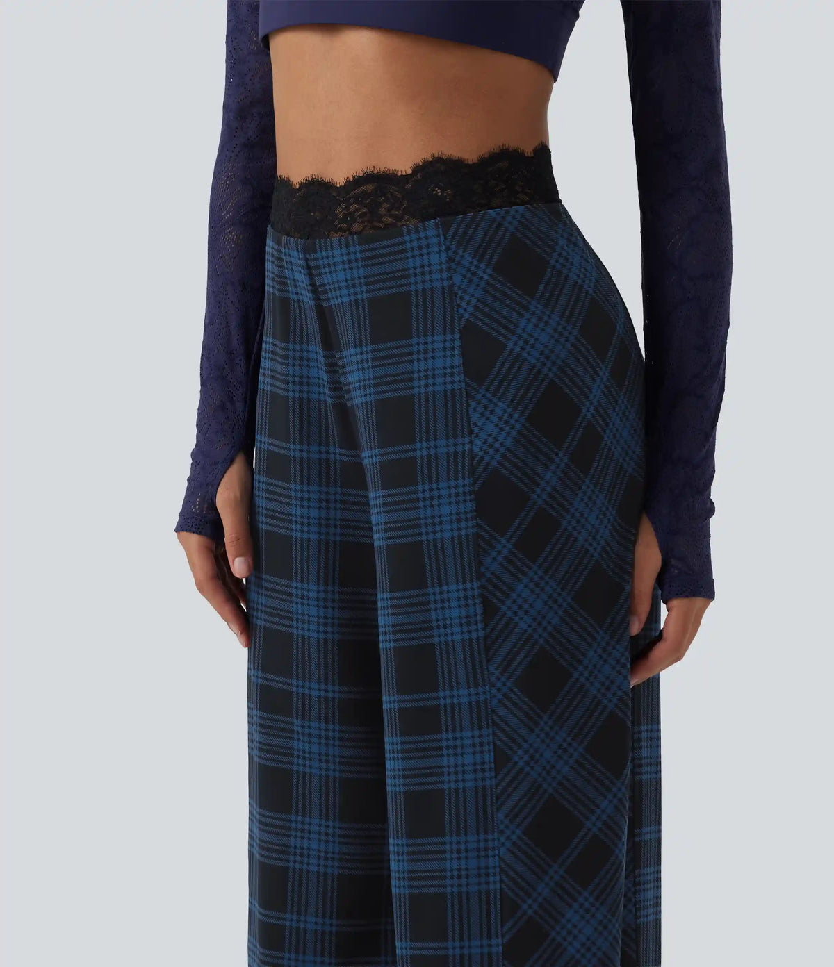 Halara UltraSculpt™ High Waisted Plaid Contrast Lace Baggy Casual Pants with Pockets