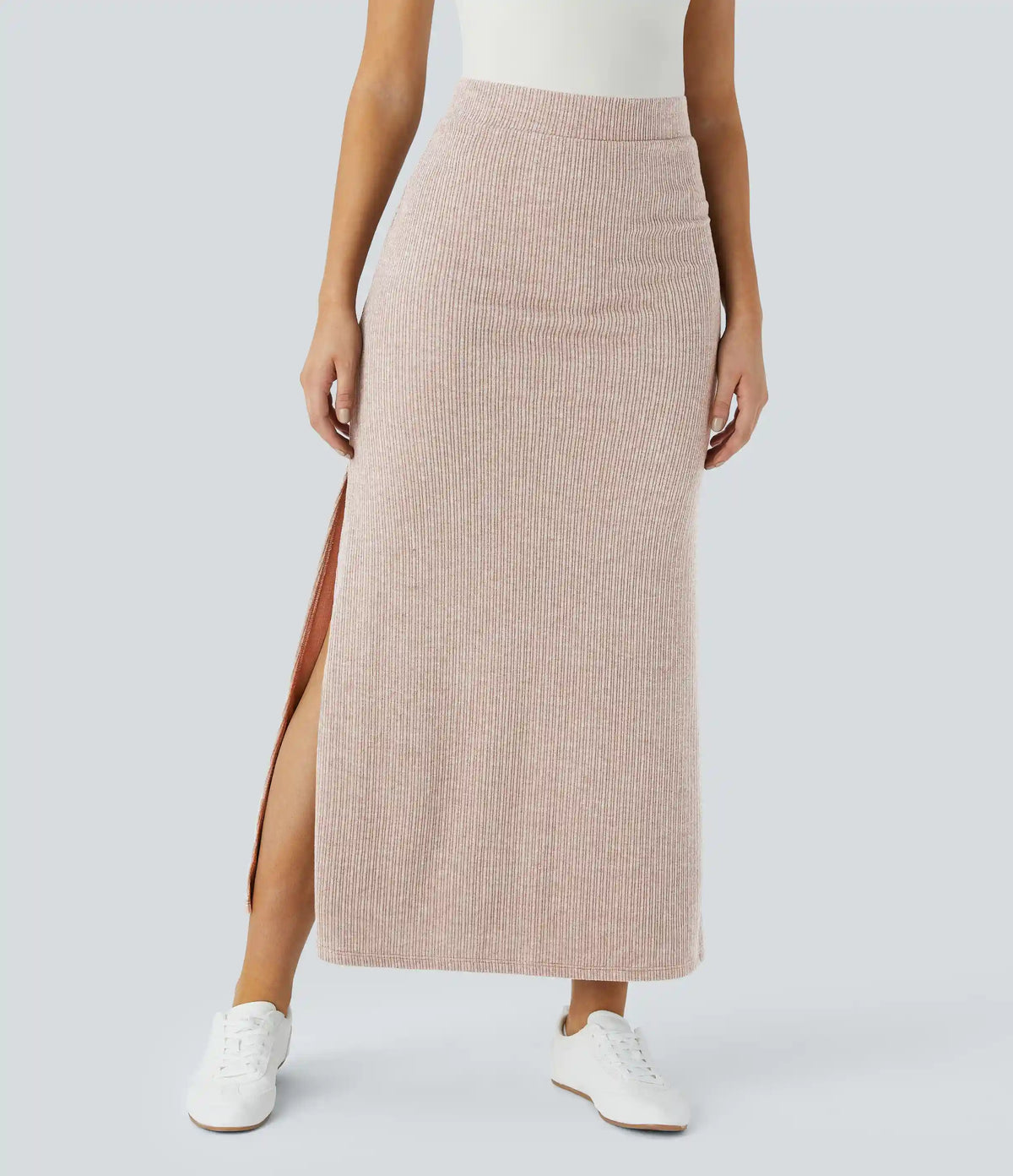 Ribbed High Waisted Hem A Line Maxi Casual Skirt
