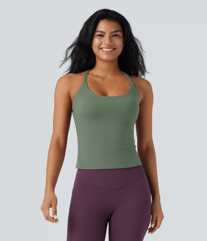 Scoop Neck Crisscross Back Crossover Hem Yoga Cami Top