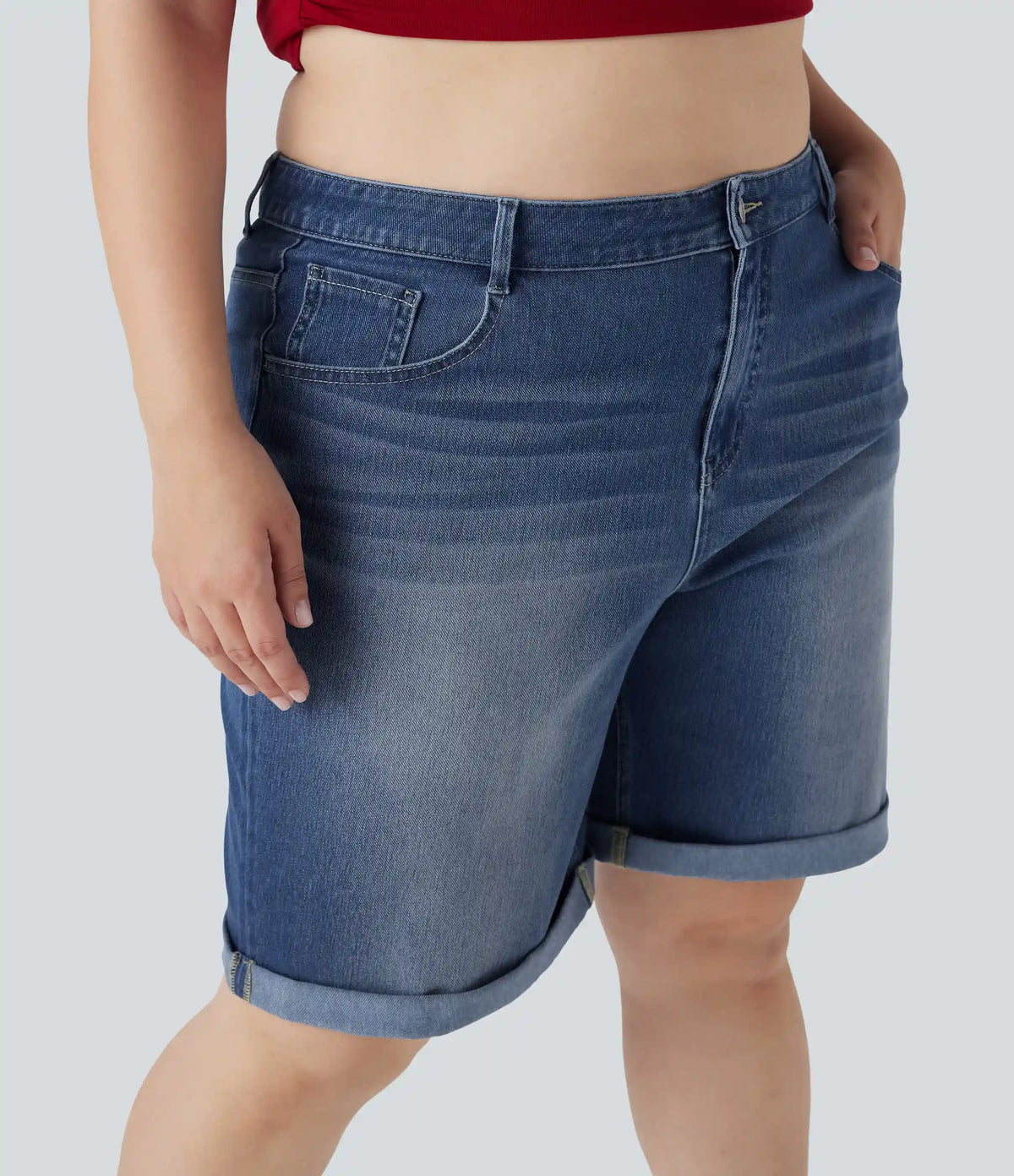 Halara Flex™ High Waisted Multiple Pockets Rolled Hem Washed Stretchy Knit Denim Casual Plus Size Bermuda Shorts