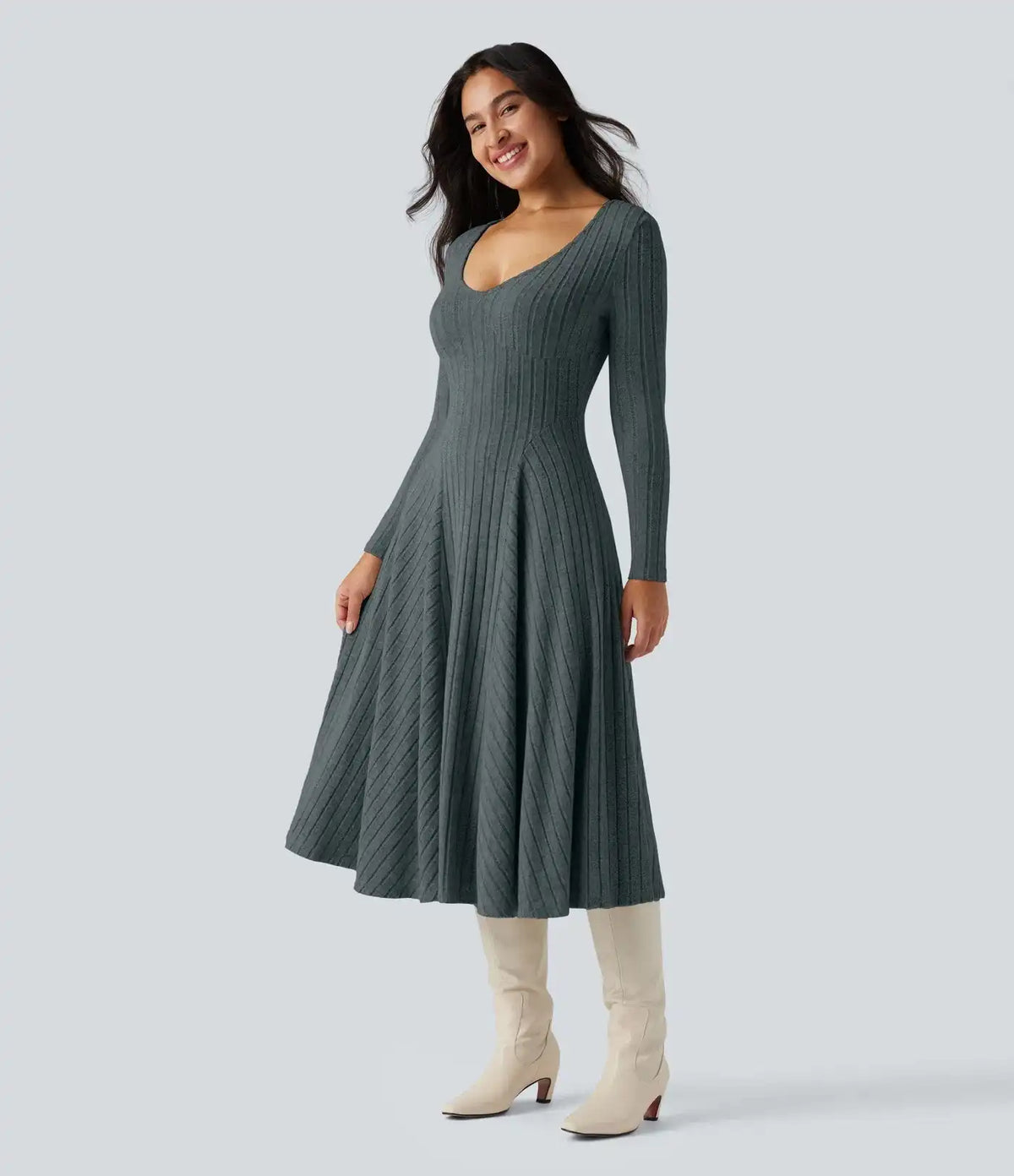 Ribbed Knit V Neck Long Sleeve Flare Midi Casual Dress with Pockets