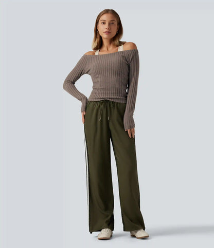 2-Piece Set Off-Shoulder Ribbed Long Sleeve Lounge Top with Built-in Bra