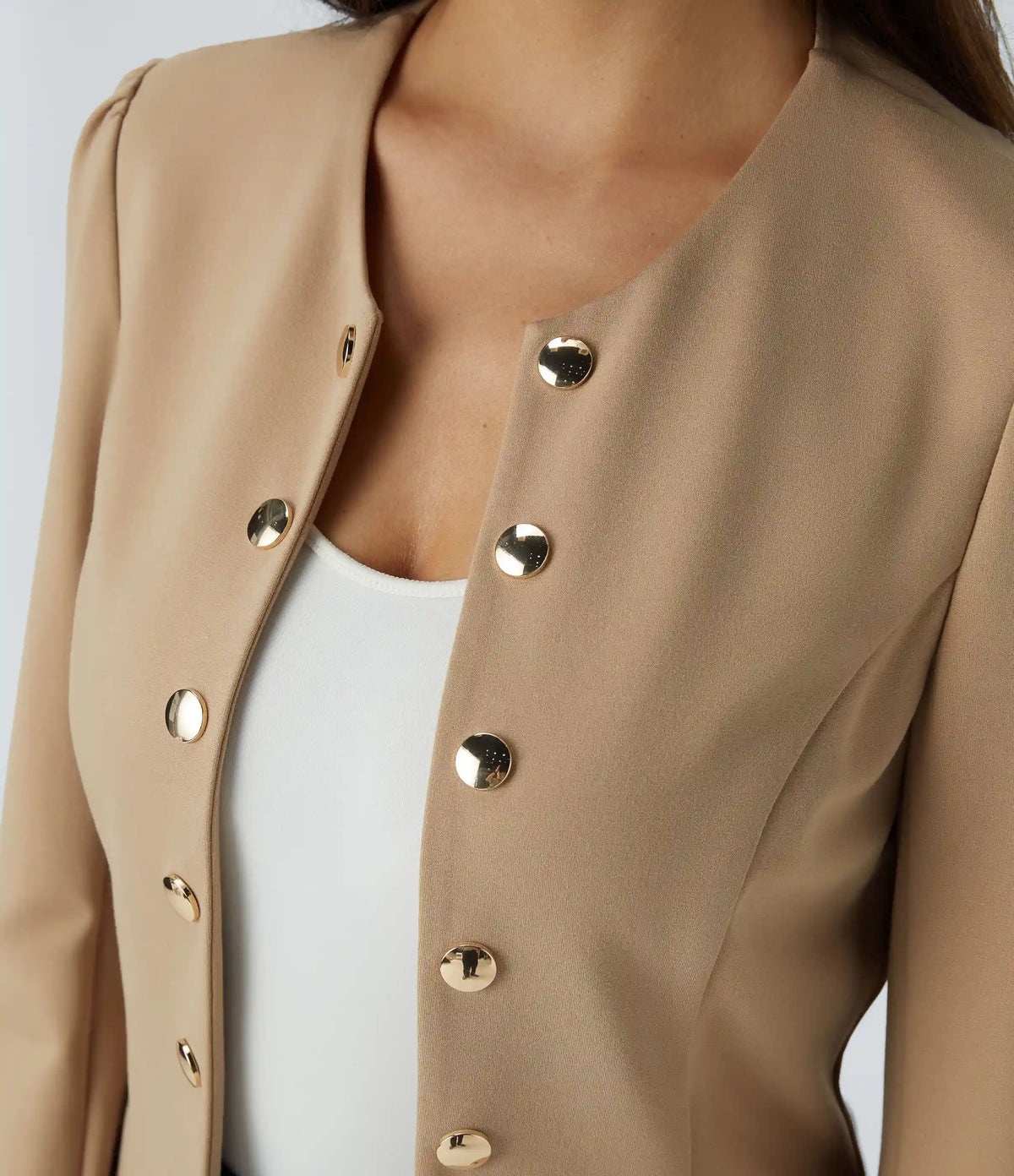 Round Neck Long Sleeve Decorative Button Slim Work Blazer