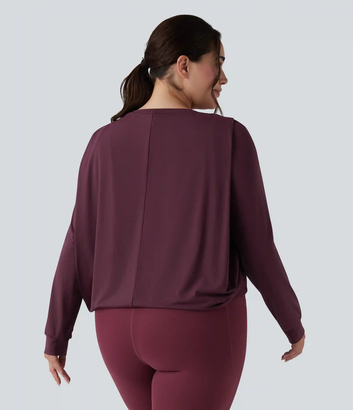 Round Neck Long Sleeve Ruched Yoga Plus Size Sports Top-UPF50+