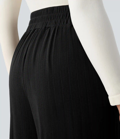 Ribbed Knit High Waisted Pleated Pocket Flowy Wide Leg Casual Pants
