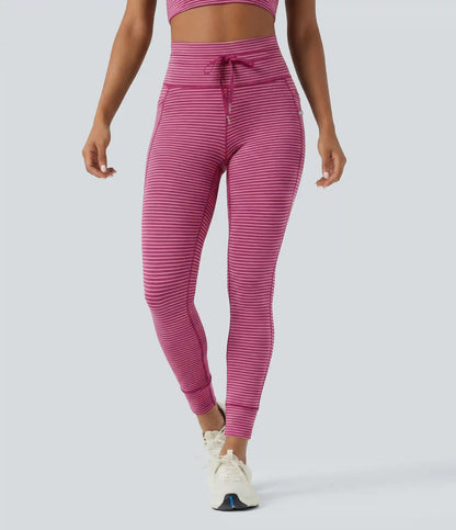 High Waisted Drawstring Striped Yoga Leggings with Pockets