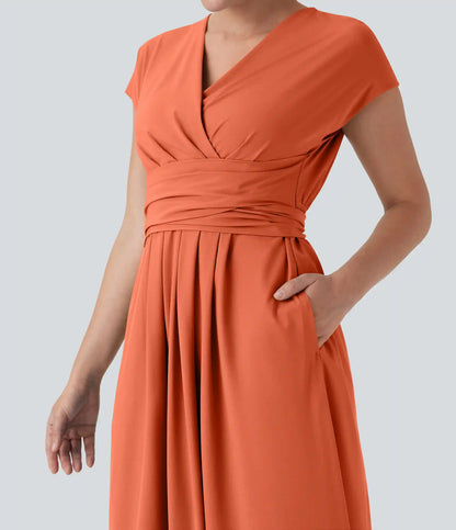 Breezeful™ V Neck Short Sleeve Pocket Tie Back Quick Dry Midi Casual Dress