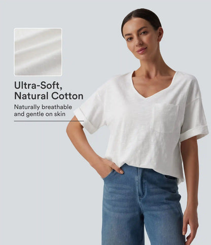 Sweetheart Neck Roll Short Sleeve Relaxed Casual Slubbed Cotton T-Shirt with Pocket