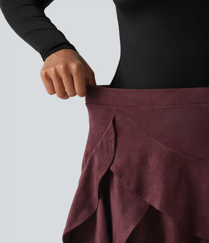High Waisted Tiered Ruffle Hem 2-in-1 Longer Mini Suede Casual Skirt with Pocket