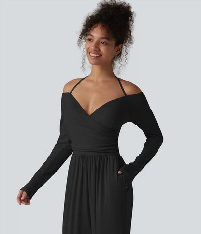Ribbed Halter Tie Back Off Shoulder Built-in Bra Long Sleeve Casual Jumpsuit with Pockets