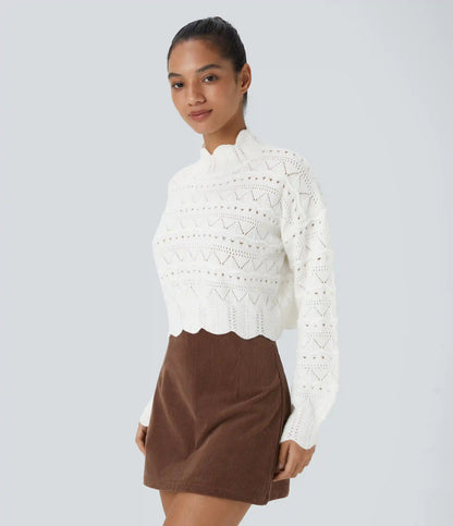 Mock Neck Bishop Sleeve Scallop Hem Open Knit Casual Sweater