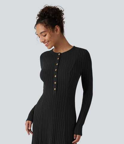 Ribbed Knit Henley Neck Long Sleeve Flowy Midi Casual Dress