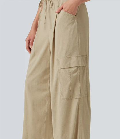 Mid Rise Drawstring Straight Leg Casual Stretch Linen Cargo Pants with Pockets