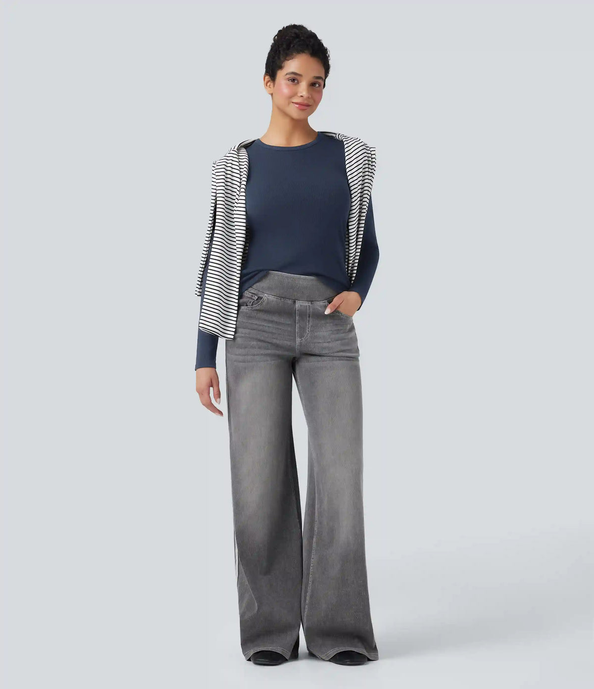 Ribbed Knit Round Neck Long Sleeve Casual Top
