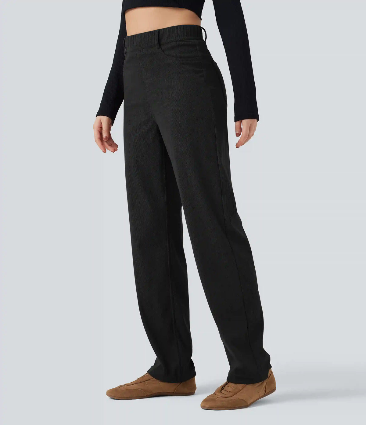 High Waisted Tummy Control Corduroy Straight Leg Casual Pants with Pockets