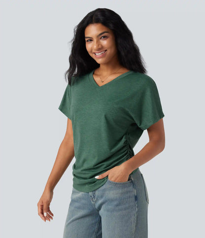 V-neck Short Sleeve Ruched Relaxed Casual Top