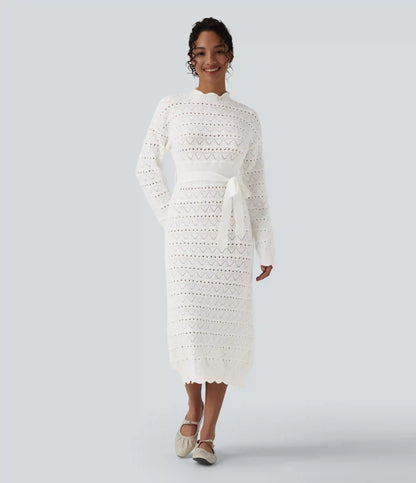 Long Sleeve Belted Midi Casual Sweater Dress