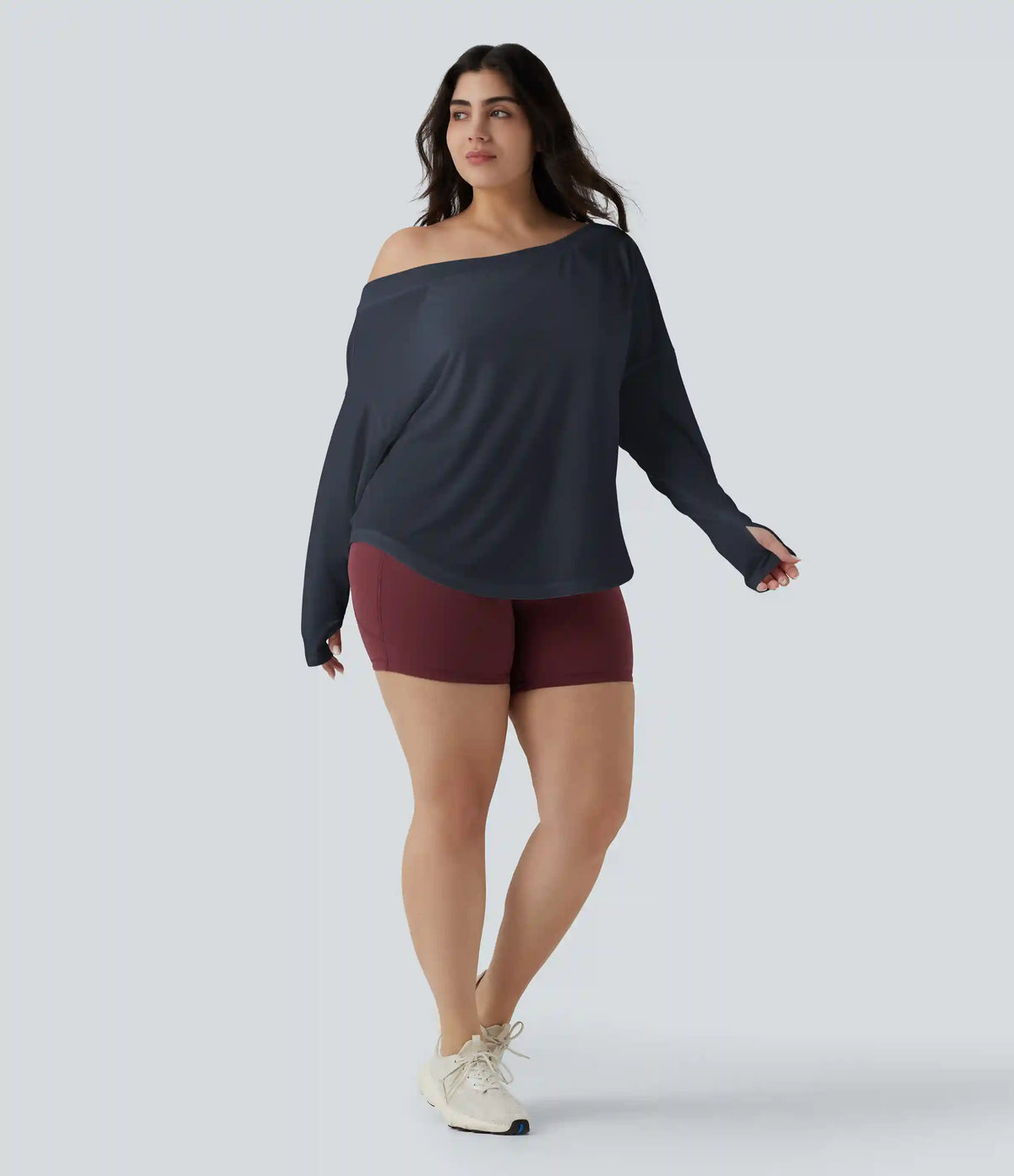 One Shoulder Long Sleeve Thumb Hole Curved Hem High Low Quick Dry Yoga Plus Size Sports Top-Built-in Bra