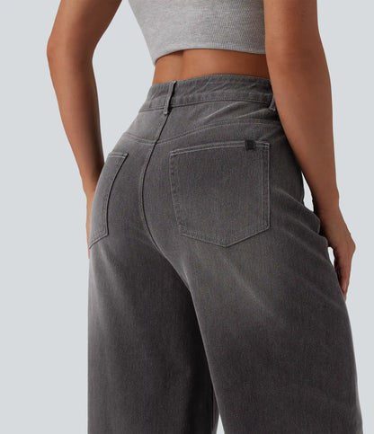 Halara Flex™ Asymmetric High Waisted Washed Casual Baggy Jeans with Pockets