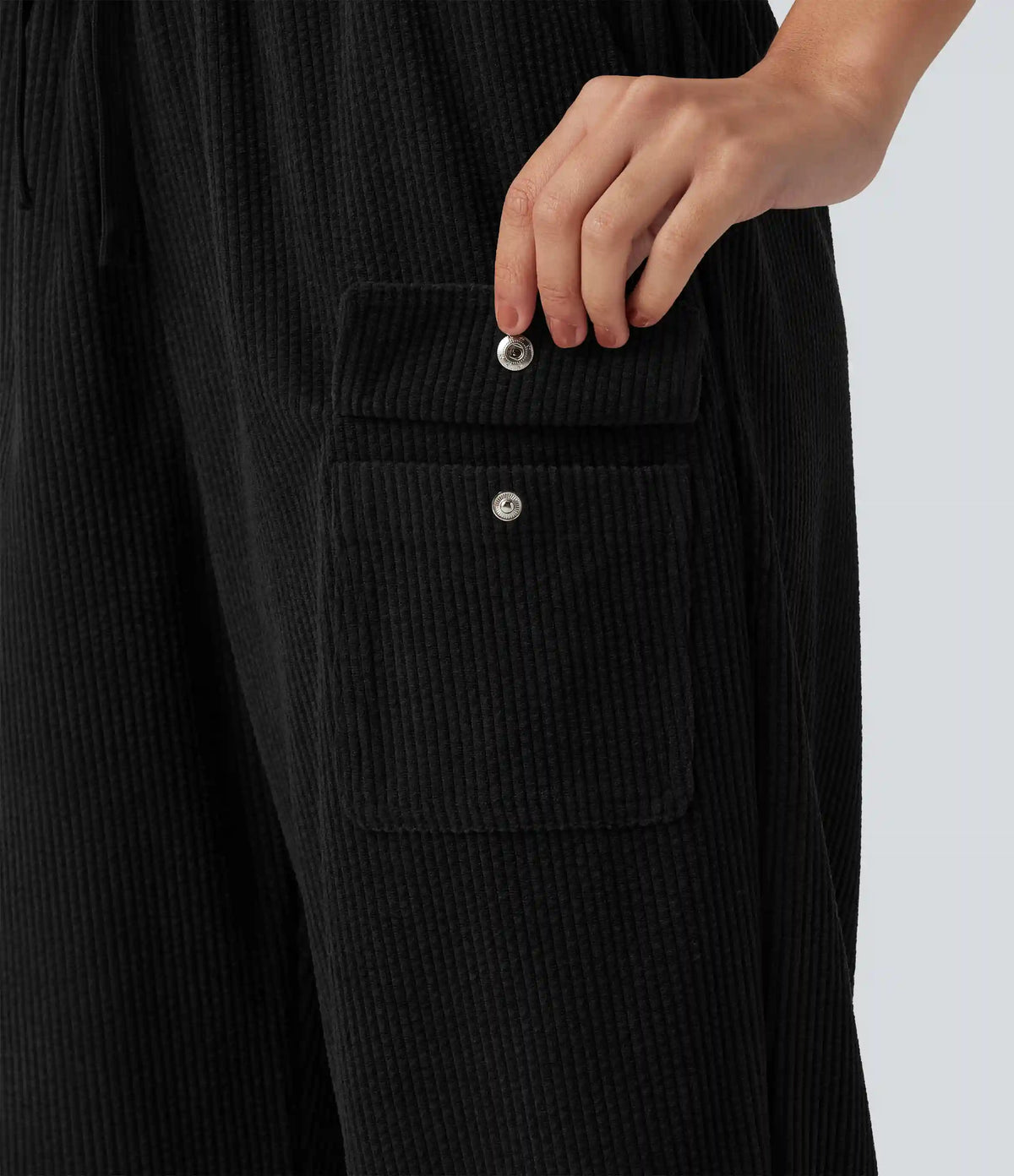 High Waisted Drawstring Tapered Corduroy Casual Joggers with Pockets