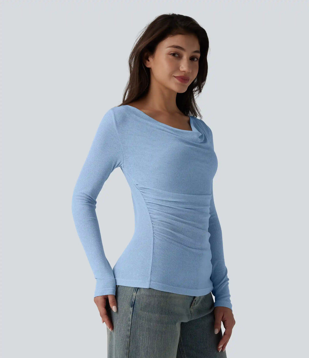 Ribbed Knit Cowl Neck Long Sleeve Ruched Casual Top