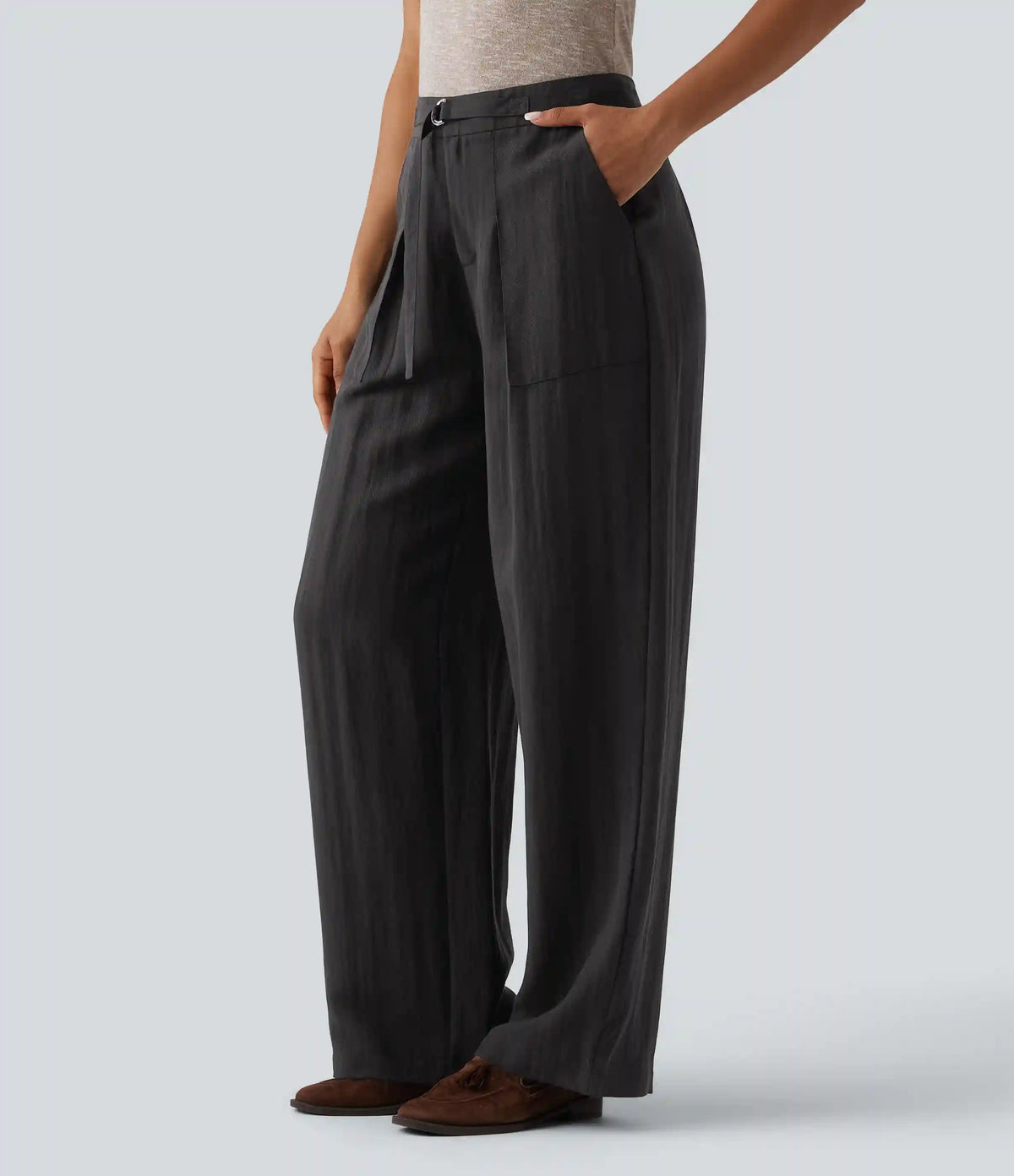 Adjustable High Waisted Linen Work Baggy Pants with Pockets