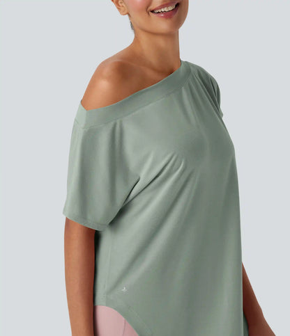 One Shoulder Short Sleeve Curved Hem High Low Quick Dry Yoga Sports Top