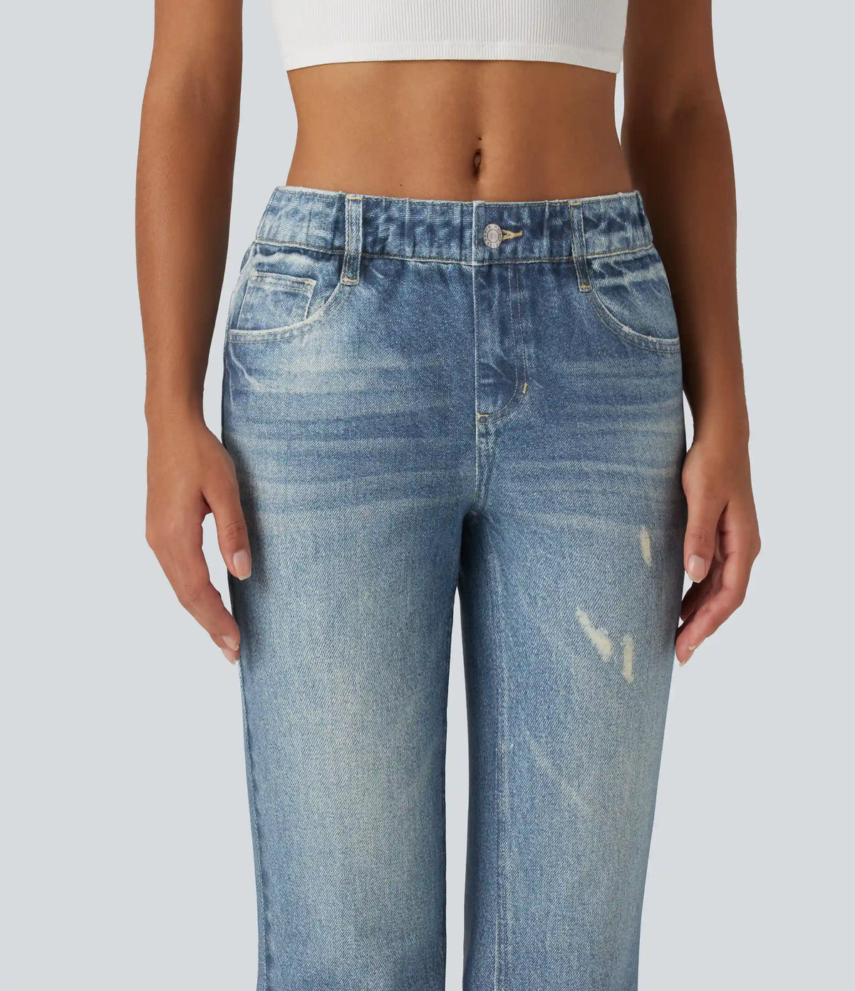 Mid Rise Denim Print Casual Flare Jeans with Pockets