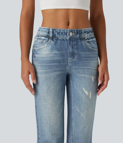 Mid Rise Denim Print Casual Flare Jeans with Pockets