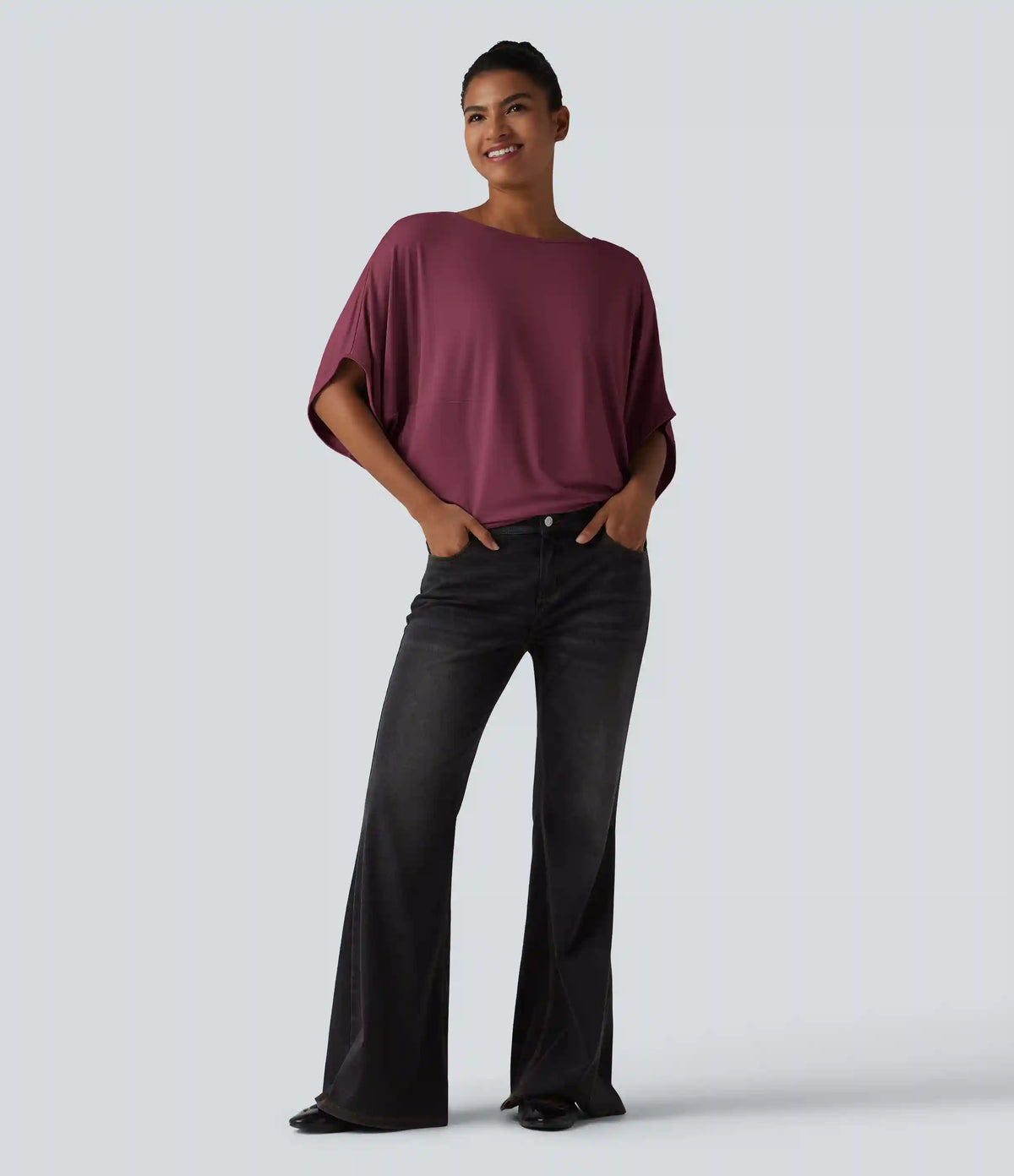 Round Neck Batwing Sleeve Relaxed Casual Top