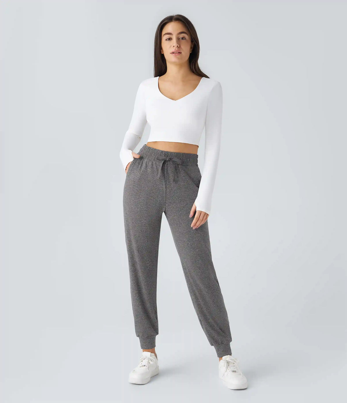 High Waisted Drawstring Pocket Ruched Yoga Joggers with Pockets