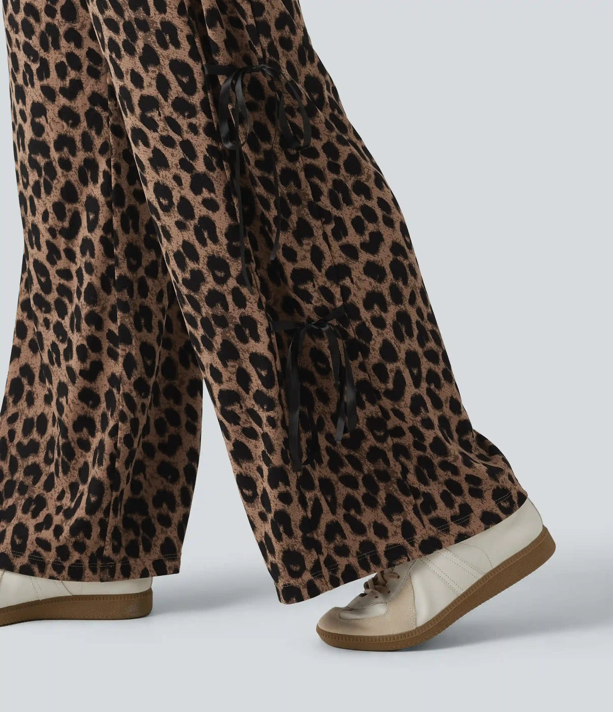 High Waisted Leopard Print Waffle Wide Leg Casual Pants with Pockets