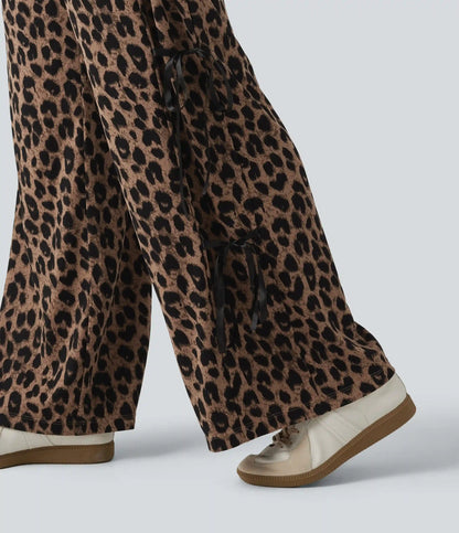 High Waisted Leopard Print Waffle Wide Leg Casual Pants with Pockets