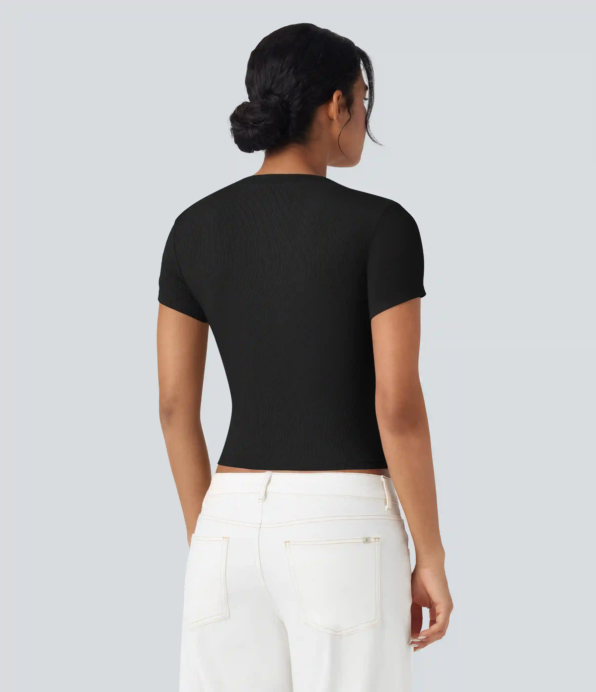 Ribbed Knit Short Sleeve Casual T-Shirt