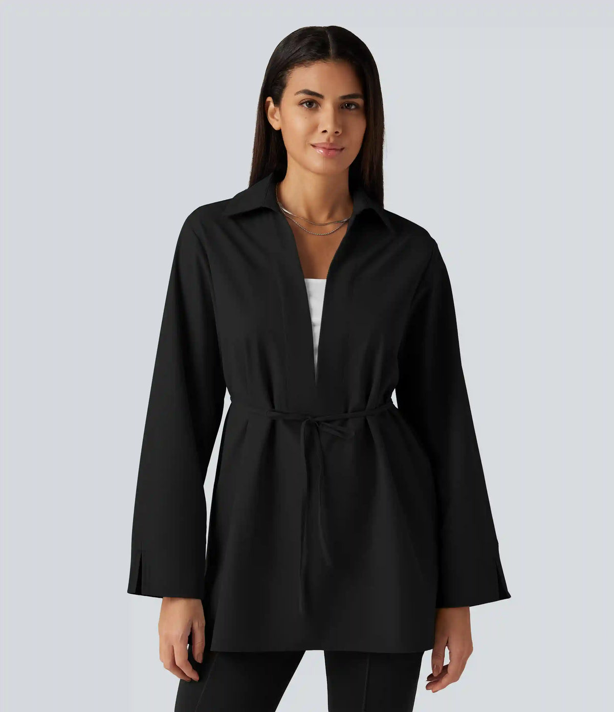 Color Block Belted Long Sleeve Work Shirt