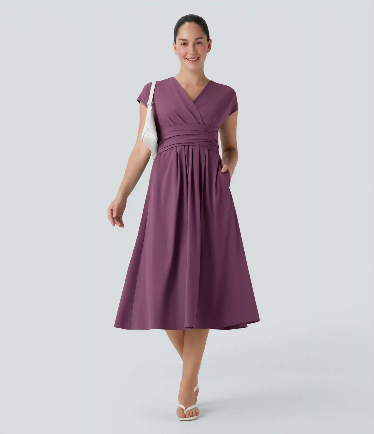 Breezeful™ V Neck Short Sleeve Pocket Tie Back Quick Dry Midi Casual Dress