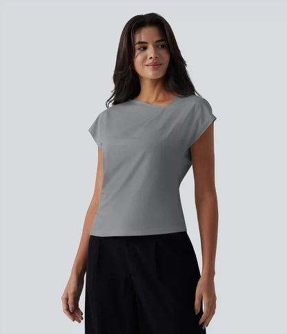 Asymmetric Cowl Neck Short Sleeve Ruched Split Hem Work Blouse
