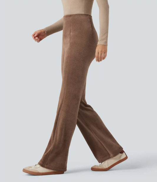 Ribbed Knit High Waisted Tummy Control Fleece Casual Flare Pants