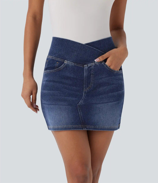 Halara Flex™ Crossover High Waisted Pockets Bodycon Mini Washed Denim Casual Skirt