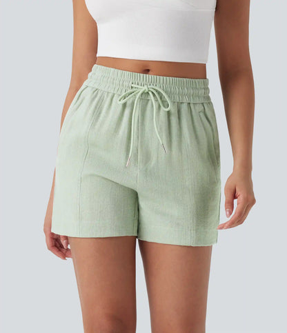 Mid Rise Drawstring Linen-Feel Work Shorts with Side Zip Pockets