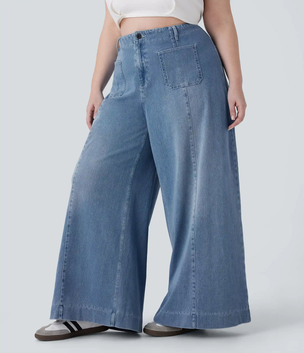 Halara Flex™ High Waisted Pockets Washed Casual Wide Leg Plus Size Jeans