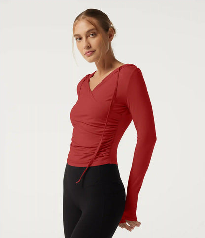 Hooded Long Sleeve Crossover Ruched Yoga Sweatshirt