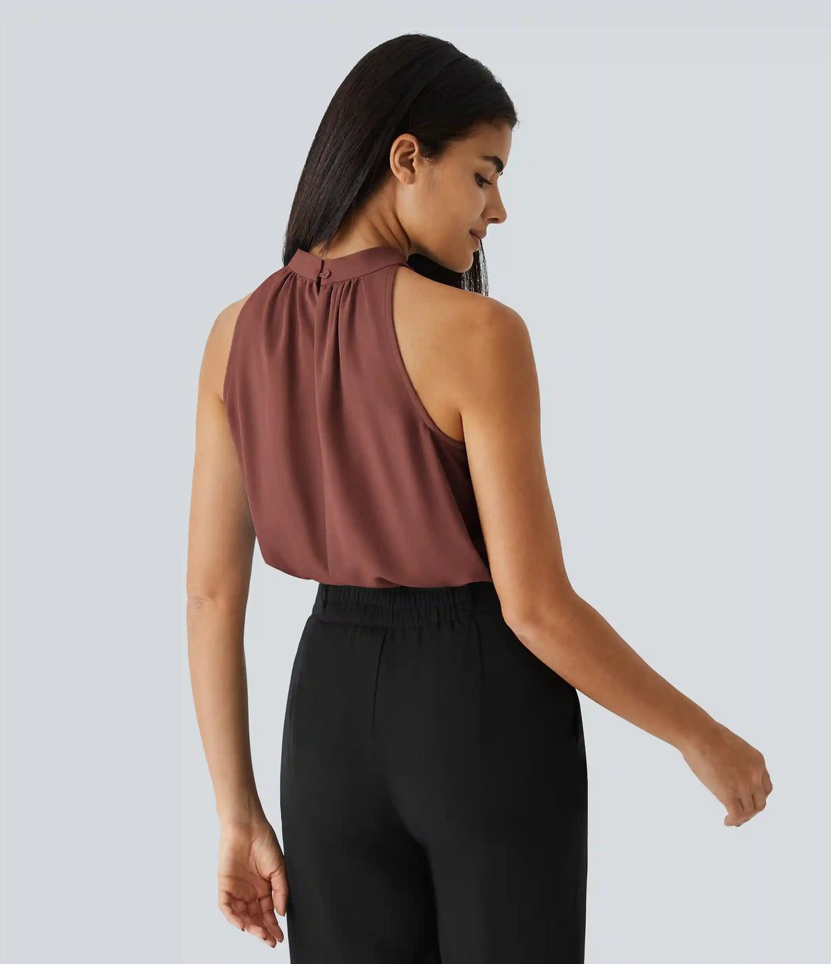 Keyhole Back Halter Sleeveless Curved Hem Work Blouse