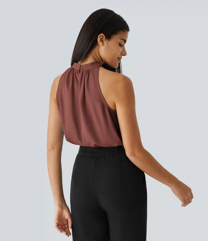 Keyhole Back Halter Sleeveless Curved Hem Work Blouse